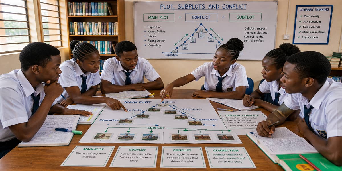 SHS 1 Literature-in-English learners analysing plot, subplots and conflict through a plot pyramid.