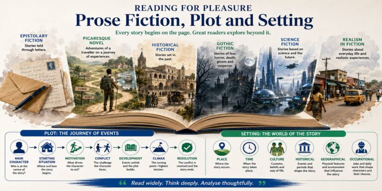 SHS 1 learners reading and discussing prose fiction while exploring reading for pleasure, types of prose fiction, plot and setting.