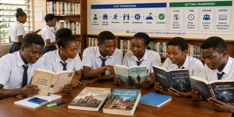 SHS 1 learners reading and discussing prose fiction while exploring reading for pleasure, types of prose fiction, plot and setting.