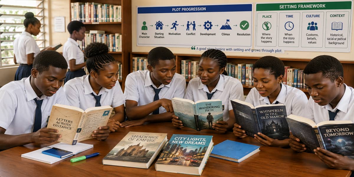 SHS 1 learners reading and discussing prose fiction while exploring reading for pleasure, types of prose fiction, plot and setting.