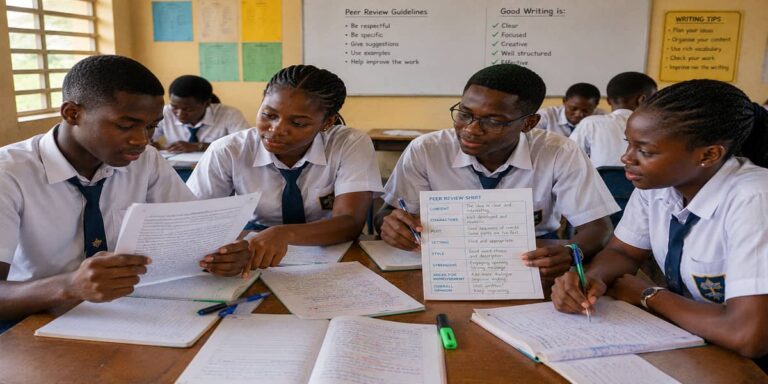 SHS 1 Literature-in-English learners critically reviewing a peer's narrative using characters, plot, setting and evaluation criteria.