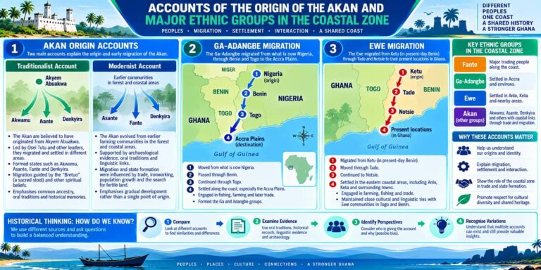 Visual teaching infographic showing Akan origin accounts and the migration accounts of the Ga-Adangbe and Ewe
