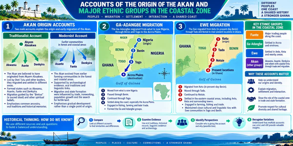 Visual teaching infographic showing Akan origin accounts and the migration accounts of the Ga-Adangbe and Ewe