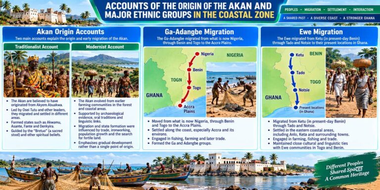 Visual teaching infographic showing Akan origin accounts and the migration accounts of the Ga-Adangbe and Ewe