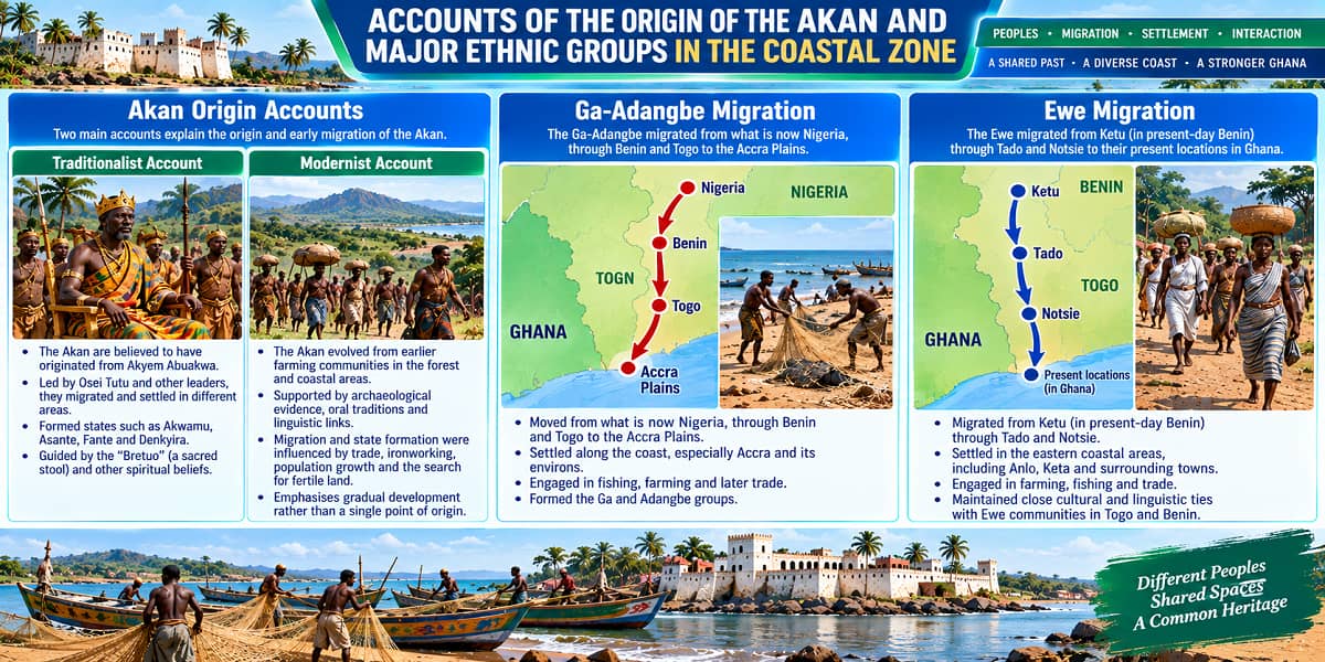 Visual teaching infographic showing Akan origin accounts and the migration accounts of the Ga-Adangbe and Ewe