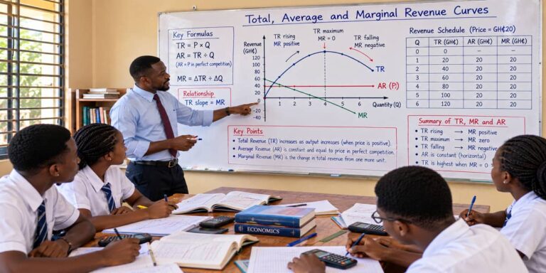 SHS 2 Economics lesson showing total average and marginal revenue curves