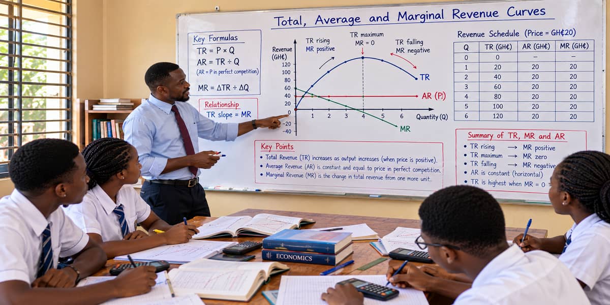 SHS 2 Economics lesson showing total average and marginal revenue curves