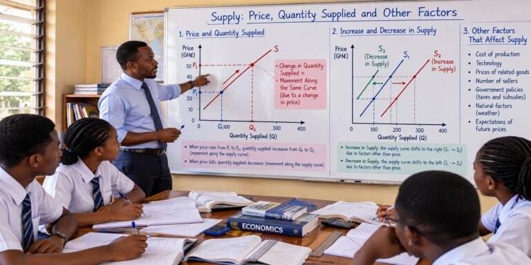SHS 2 Economics lesson explaining supply price quantity supplied and supply shifts