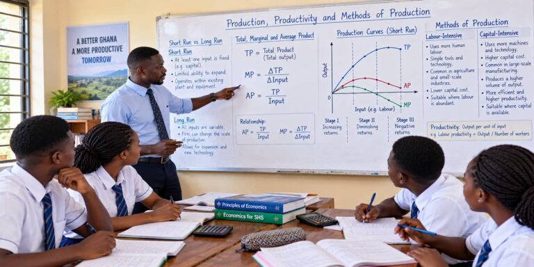 SHS 2 Economics infographic showing production, productivity and methods of production
