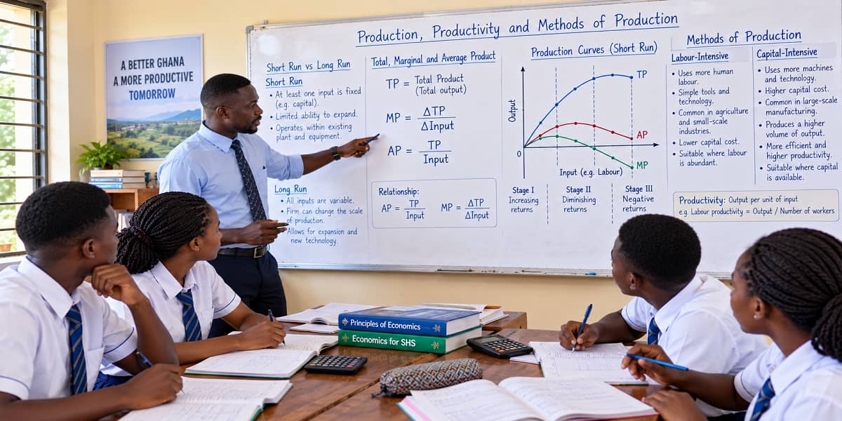 SHS 2 Economics infographic showing production, productivity and methods of production