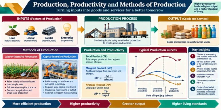 SHS 2 Economics infographic showing production, productivity and methods of production
