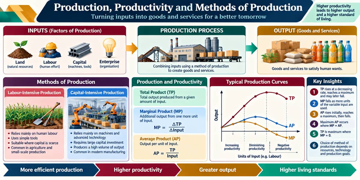 SHS 2 Economics infographic showing production, productivity and methods of production