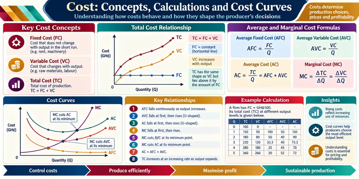 SHS 2 Economics lesson on cost concepts, cost calculations and cost curves
