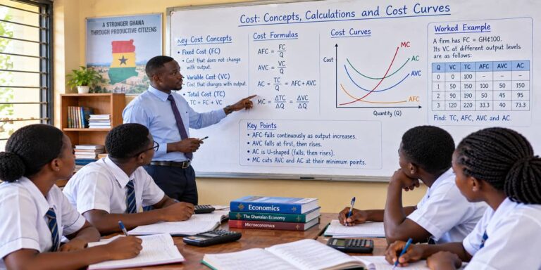 SHS 2 Economics lesson on cost concepts, cost calculations and cost curves
