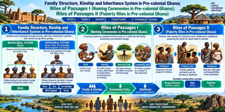 Visual teaching infographic showing family kinship systems, naming ceremonies and puberty rites in pre-colonial Ghana