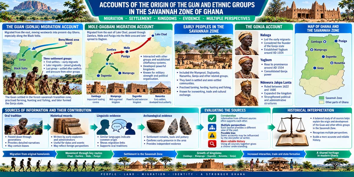 Educational infographic showing Guan, Mole-Dagbani and Gonja migration accounts, routes, settlements and historical sources.