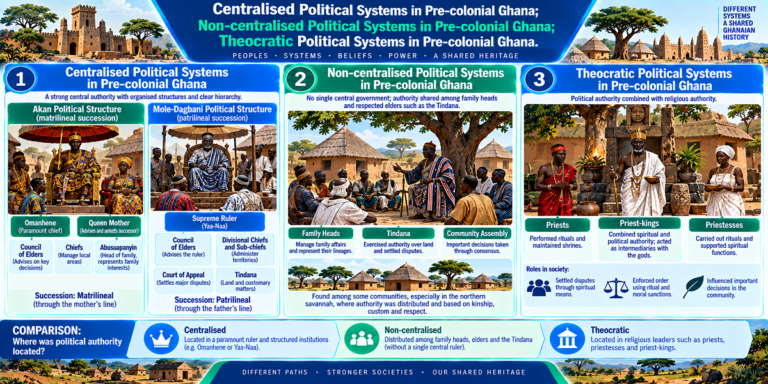 Visual teaching chart comparing centralised, non-centralised and theocratic political systems in pre-colonial Ghana