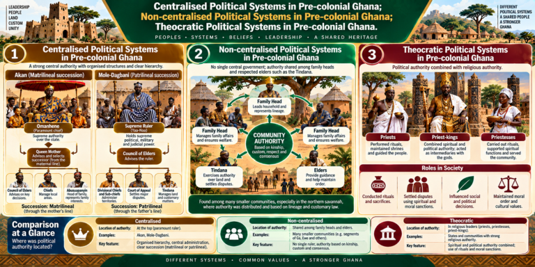 Visual teaching chart comparing centralised, non-centralised and theocratic political systems in pre-colonial Ghana