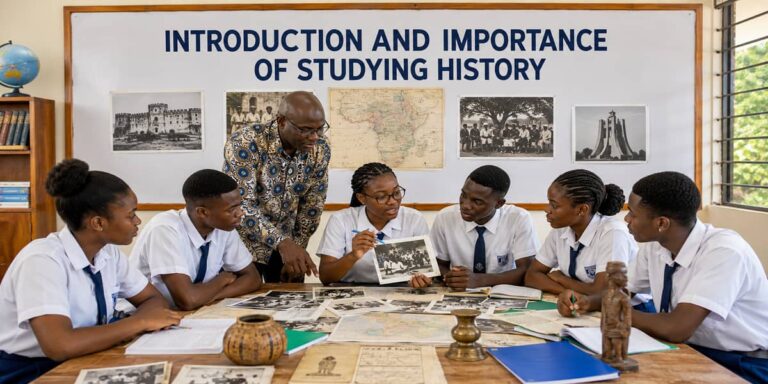 Ghanaian SHS students examining historical records and photographs while learning how History involves inquiry, interpretation and understanding the past.
