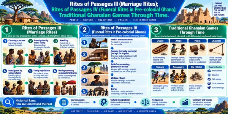 Visual teaching infographic showing marriage rites, funeral rites and traditional Ghanaian games in pre-colonial Ghana