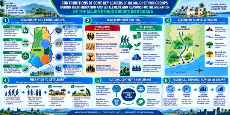 Visual teaching infographic showing key migration leaders, push and pull factors, geography, settlement and cultural change in Ghana