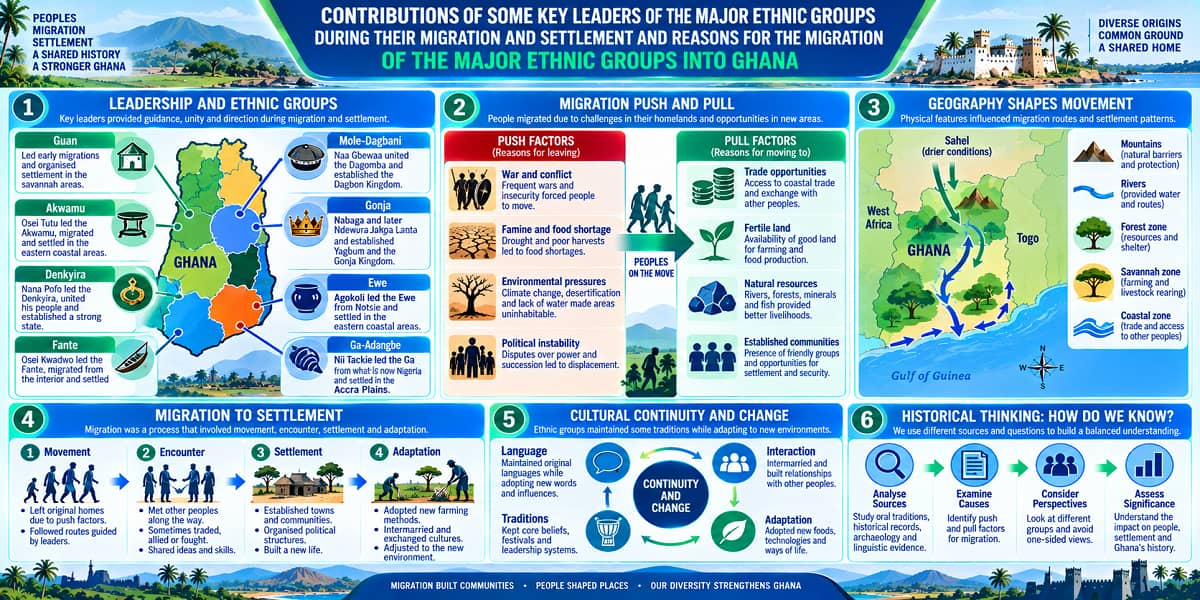 Visual teaching infographic showing key migration leaders, push and pull factors, geography, settlement and cultural change in Ghana