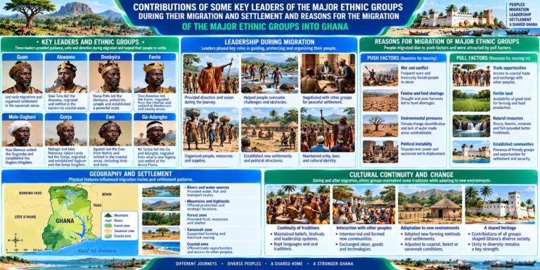 Visual teaching infographic showing key migration leaders, push and pull factors, geography, settlement and cultural change in Ghana
