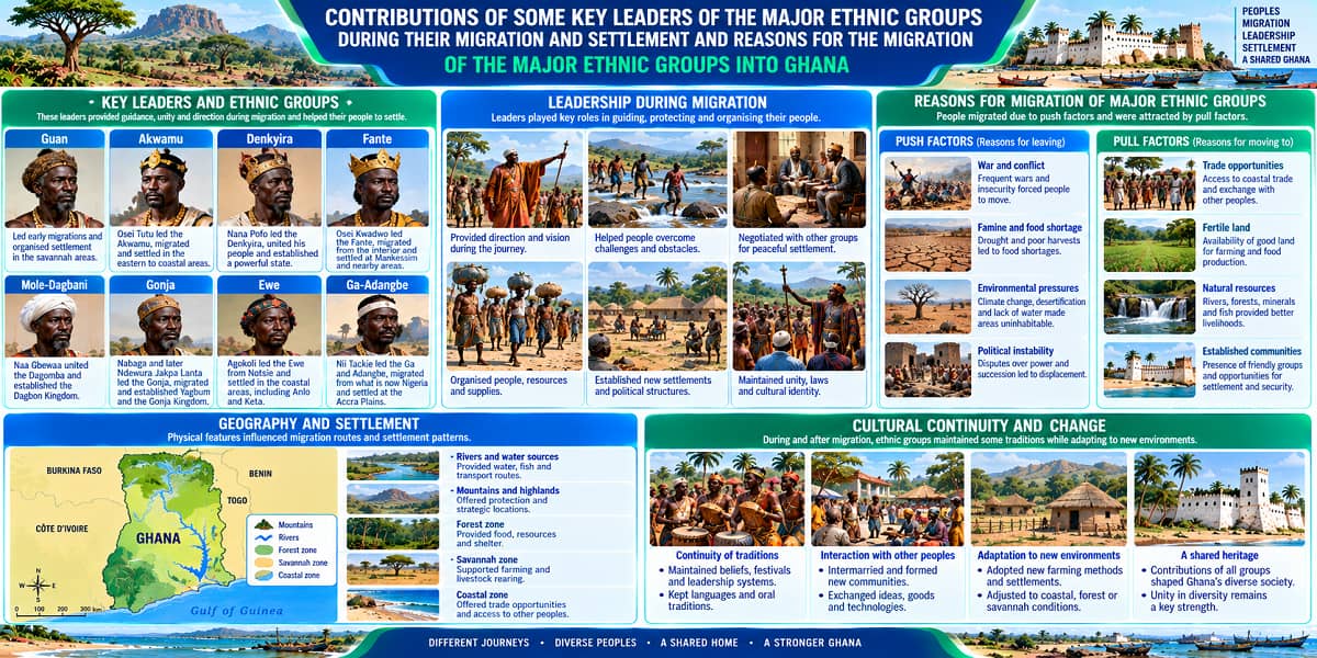 Visual teaching infographic showing key migration leaders, push and pull factors, geography, settlement and cultural change in Ghana