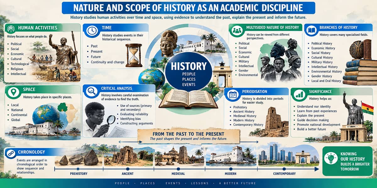 Ghanaian SHS students studying History through timelines, maps and multiple perspectives in a classroom.