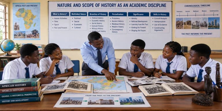 Ghanaian SHS students studying History through timelines, maps and multiple perspectives in a classroom.