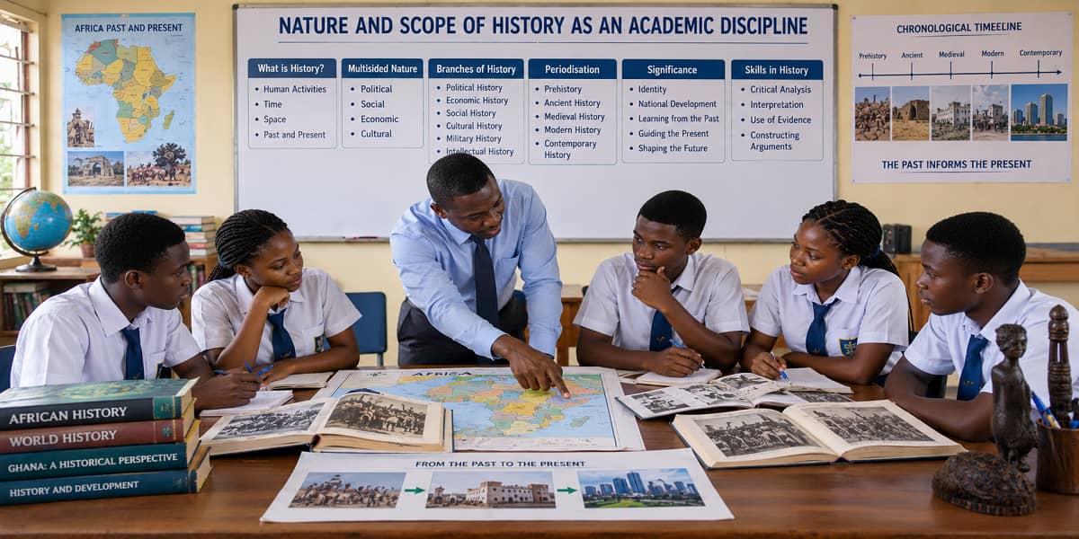 Ghanaian SHS students studying History through timelines, maps and multiple perspectives in a classroom.