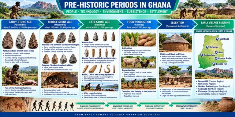 Visual teaching infographic showing Ghana's Early, Middle and Late Stone Ages, technological developments, food production and early settlement.