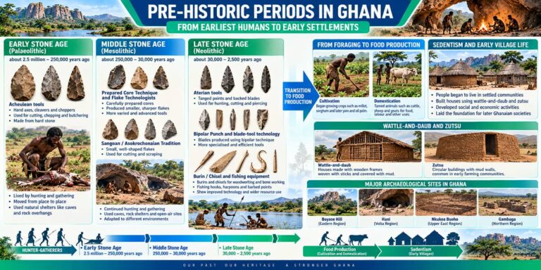 Visual teaching infographic showing Ghana's Early, Middle and Late Stone Ages, technological developments, food production and early settlement.