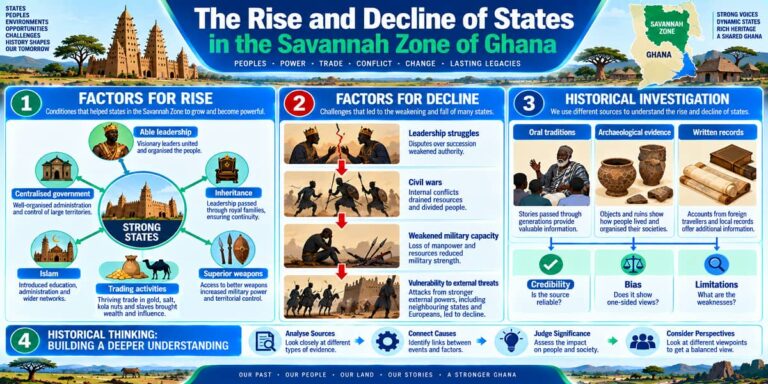 Visual teaching infographic explaining the factors behind the rise and decline of states in Ghana’s Savannah Zone