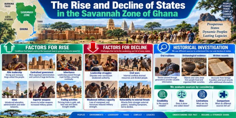 Visual teaching infographic explaining the factors behind the rise and decline of states in Ghana’s Savannah Zone