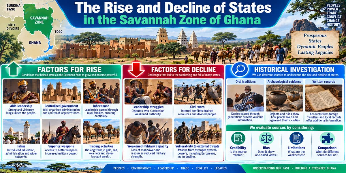Visual teaching infographic explaining the factors behind the rise and decline of states in Ghana’s Savannah Zone