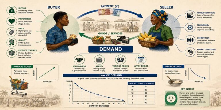 Ghanaian SHS 1 learners observing a market exchange while studying buyers, sellers, purchasing power and demand.