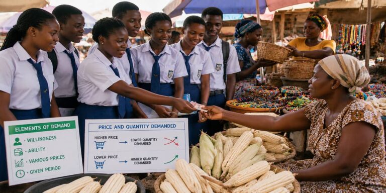 Ghanaian SHS 1 learners observing a market exchange while studying buyers, sellers, purchasing power and demand.