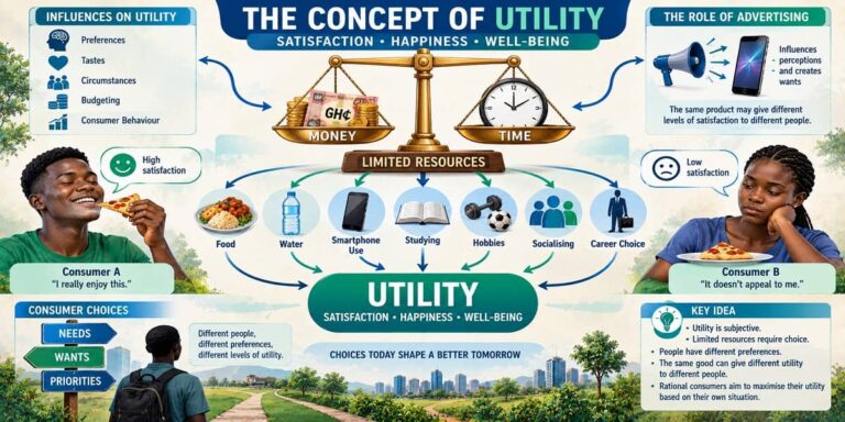 SHS 1 Economics learners exploring utility as satisfaction derived from consuming goods and services.