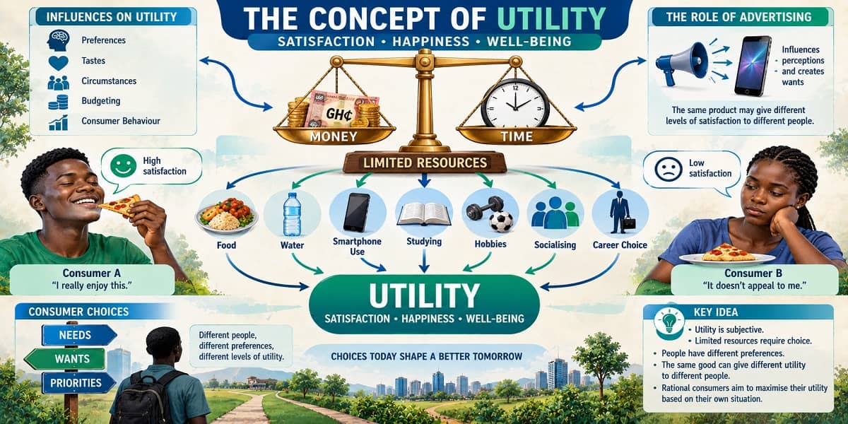 SHS 1 Economics learners exploring utility as satisfaction derived from consuming goods and services.
