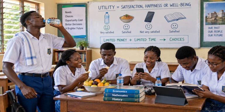 SHS 1 Economics learners exploring utility as satisfaction derived from consuming goods and services.