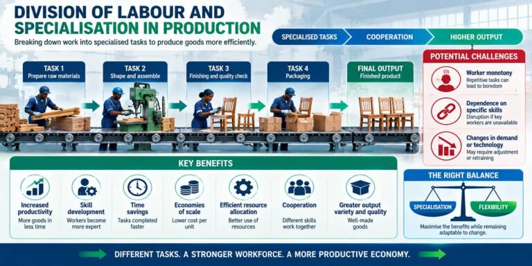 Production process showing division of labour and specialisation among workers.