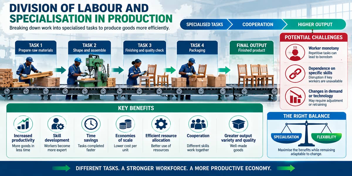 Production process showing division of labour and specialisation among workers.