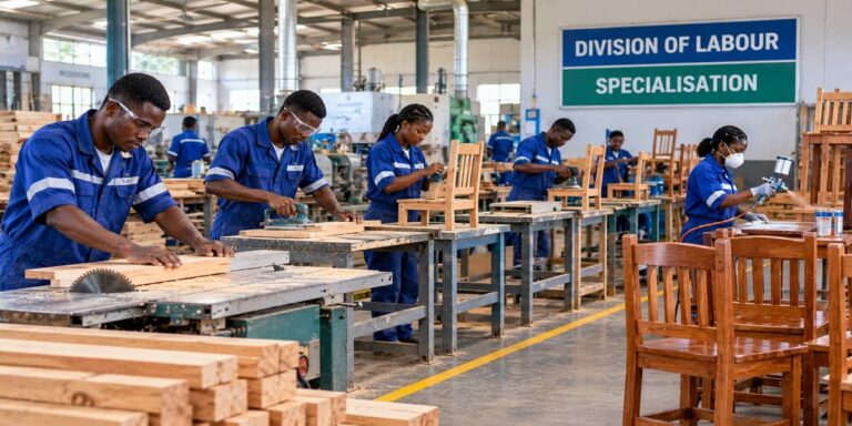 Production process showing division of labour and specialisation among workers.
