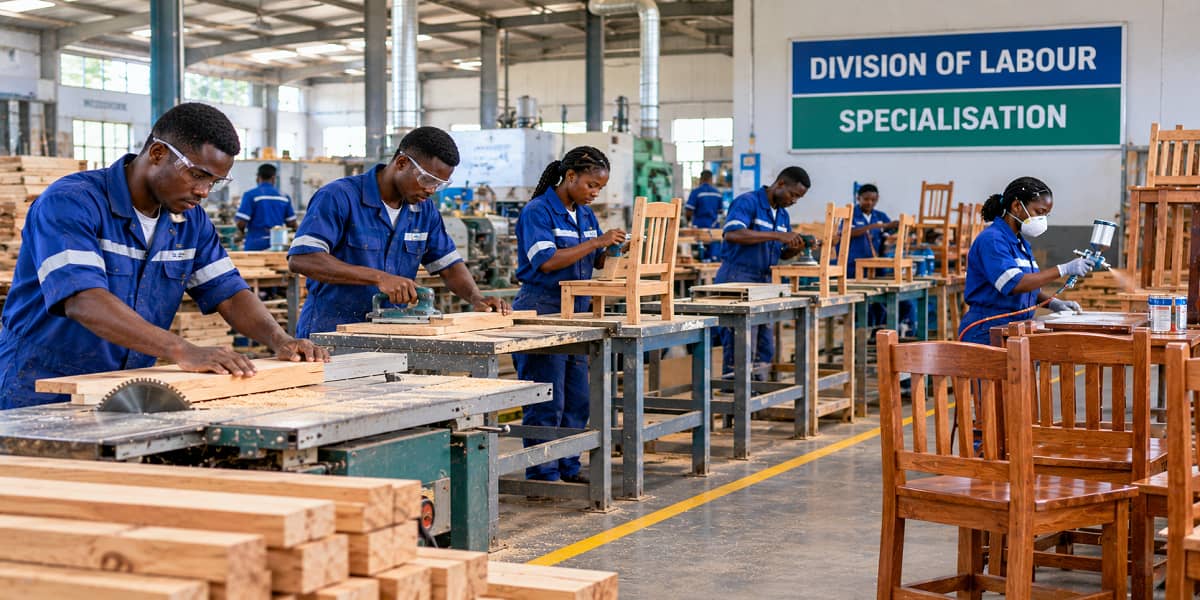 Production process showing division of labour and specialisation among workers.