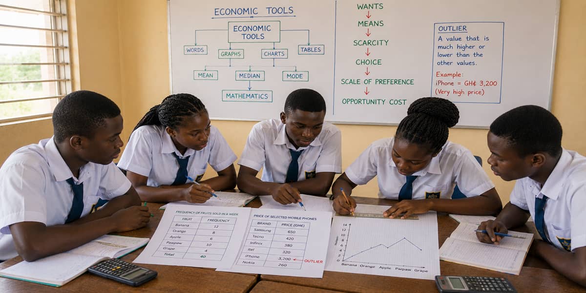 SHS 1 Economics learners analysing data with graphs, tables and statistics while exploring scarcity, choice and opportunity cost.