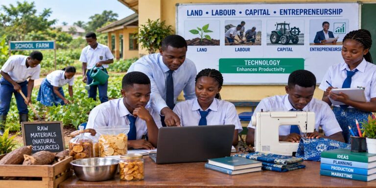 SHS 1 Economics learners exploring land, labour, capital and entrepreneurship as factors of production.