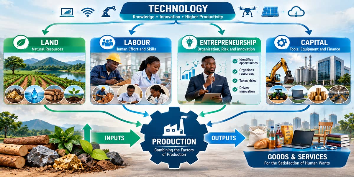SHS 1 Economics learners exploring land, labour, capital and entrepreneurship as factors of production.