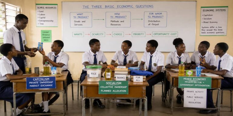 SHS 1 Economics learners exploring scarcity, choice and the three economic systems of capitalism, socialism and mixed economy.