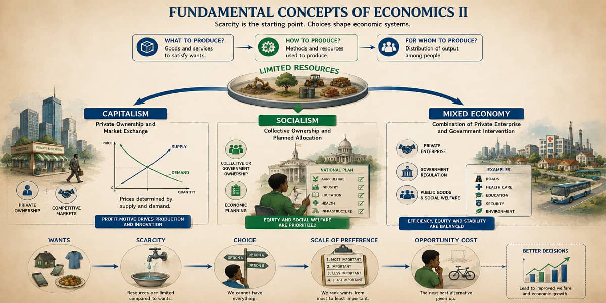 SHS 1 Economics learners exploring scarcity, choice and the three economic systems of capitalism, socialism and mixed economy.